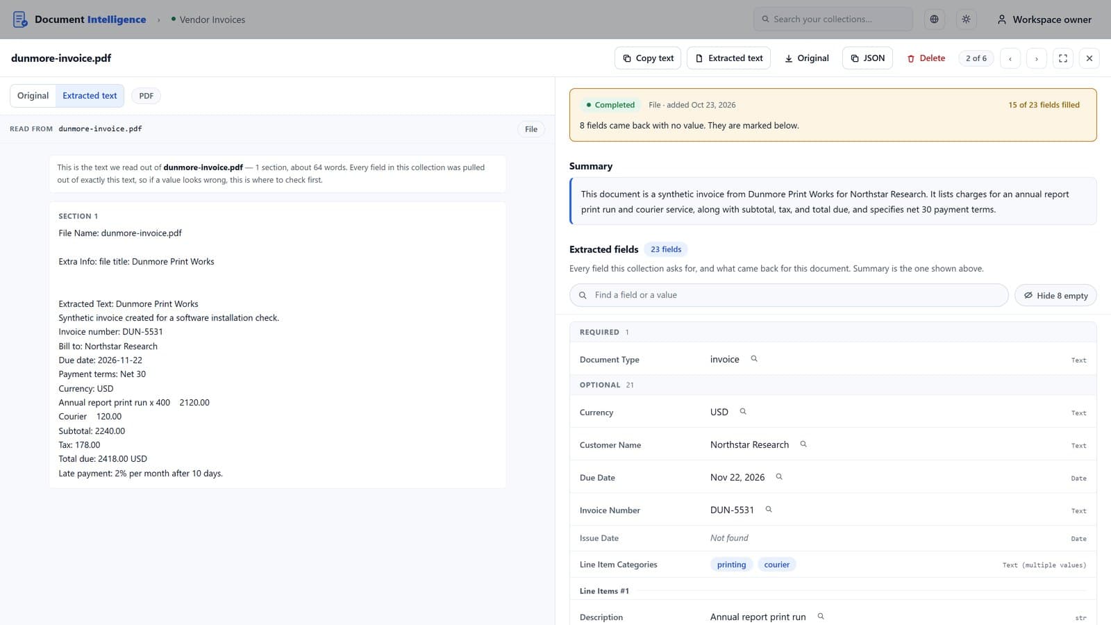 One invoice opened from the table: the text read from the file beside its summary and extracted fields